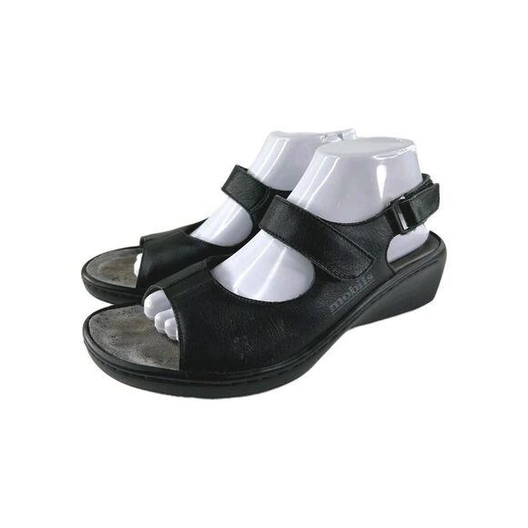 Mephisto Mobils Black Leather Sandals US 9.5 Low Wedge Sling Back Comfort Shoes - Picture 1 of 9